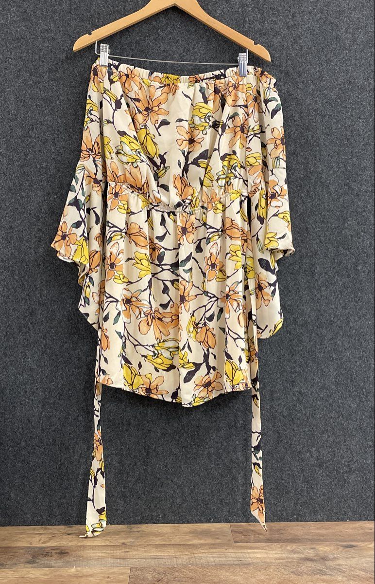 Lulus Women's Yellow Orange Floral Off The Shoulder Bell Sleeve Romper Sz XL