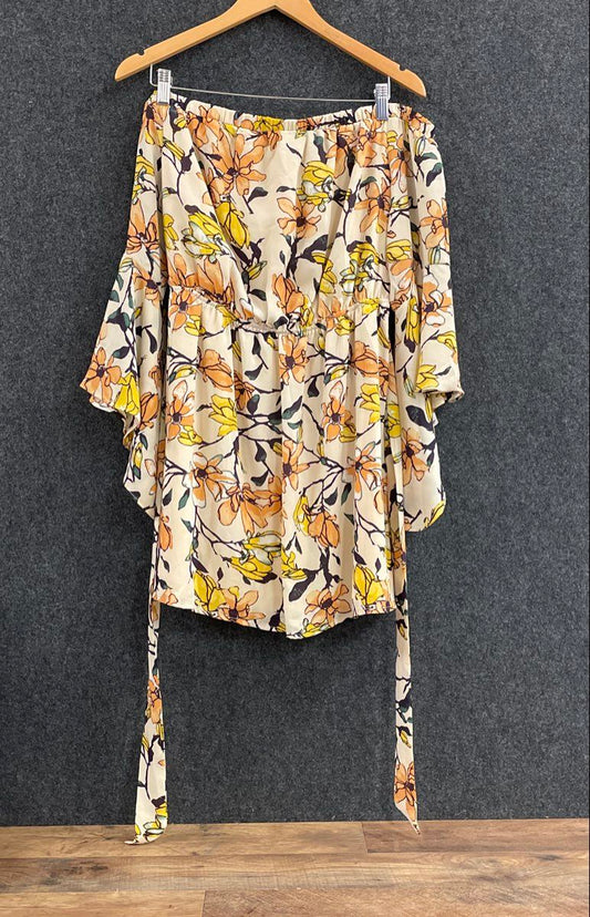 Lulus Women's Yellow Orange Floral Off The Shoulder Bell Sleeve Romper Sz XL