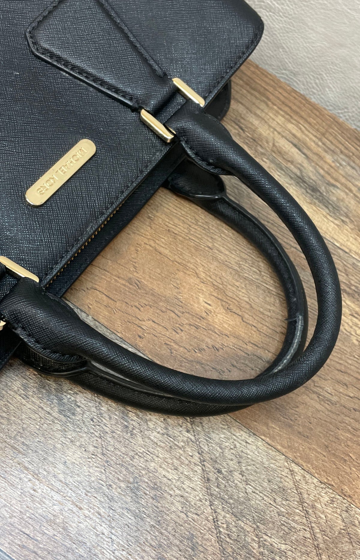 Michael Kors Black Saffiano Leather Structured Satchel Bag Gold Hardware