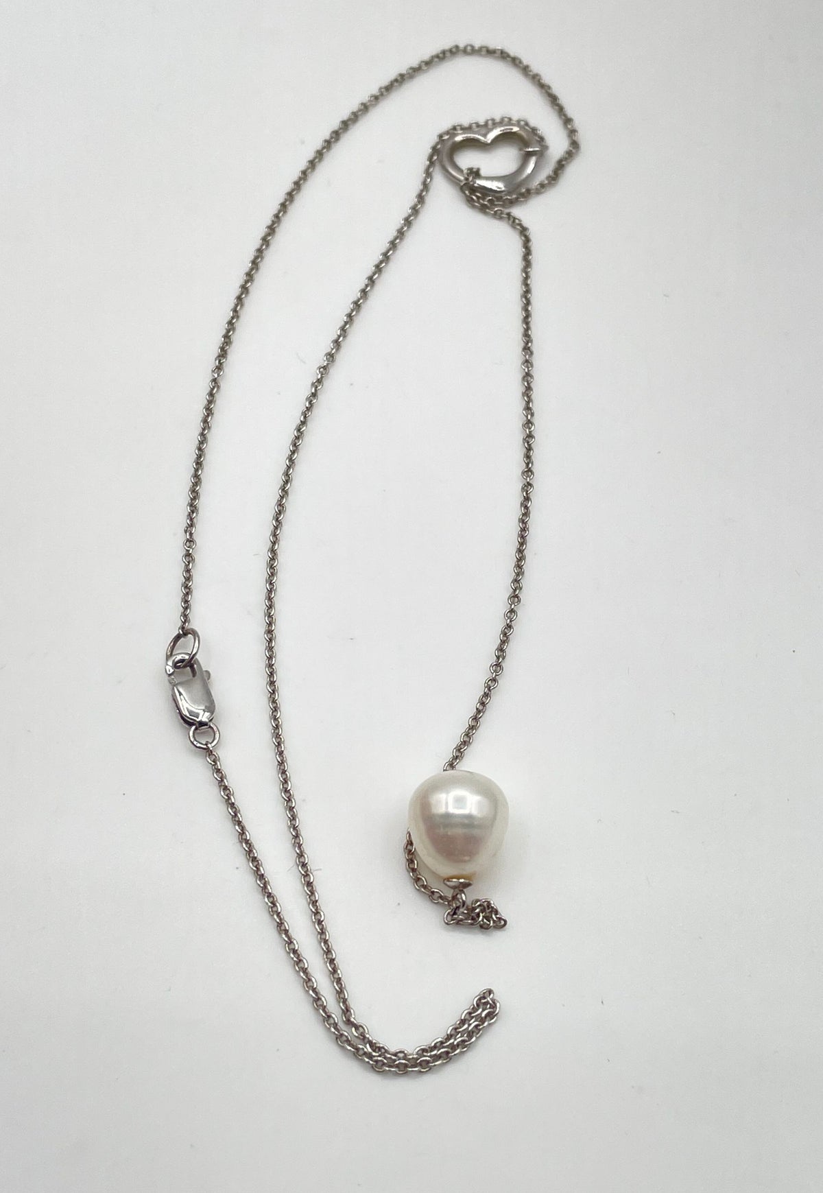 925 Sterling Silver Open Heart Pearl Lariat Necklace 5.1g