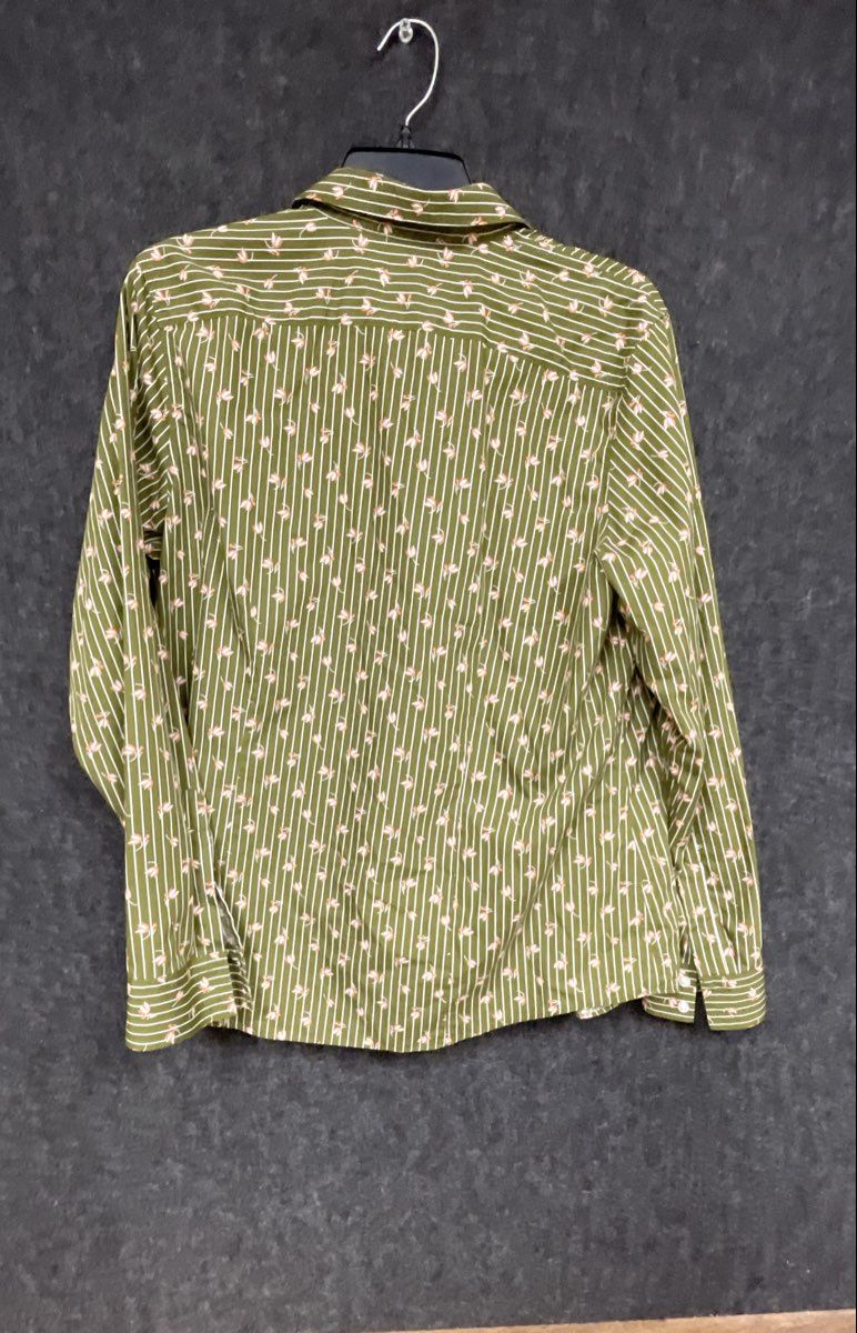 Lands' End Women's Olive Green No Iron Supima Striped Floral Shirt Sz 14