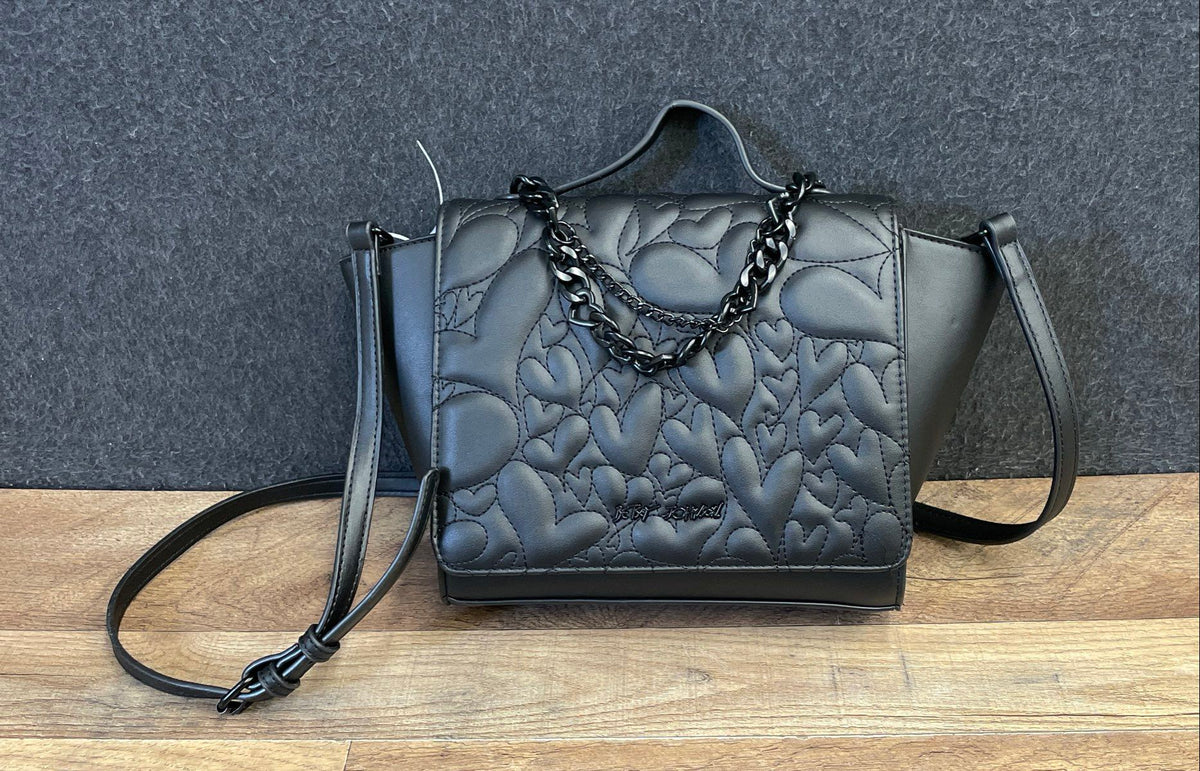 Betsey Johnson Black Quilted Heart Satchel Crossbody Handbag Black Chain Accent