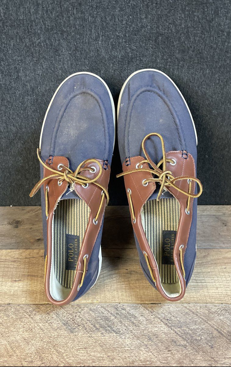 Polo Ralph Lauren Rylander Navy Blue Brown Canvas Boat Shoes Size 14D