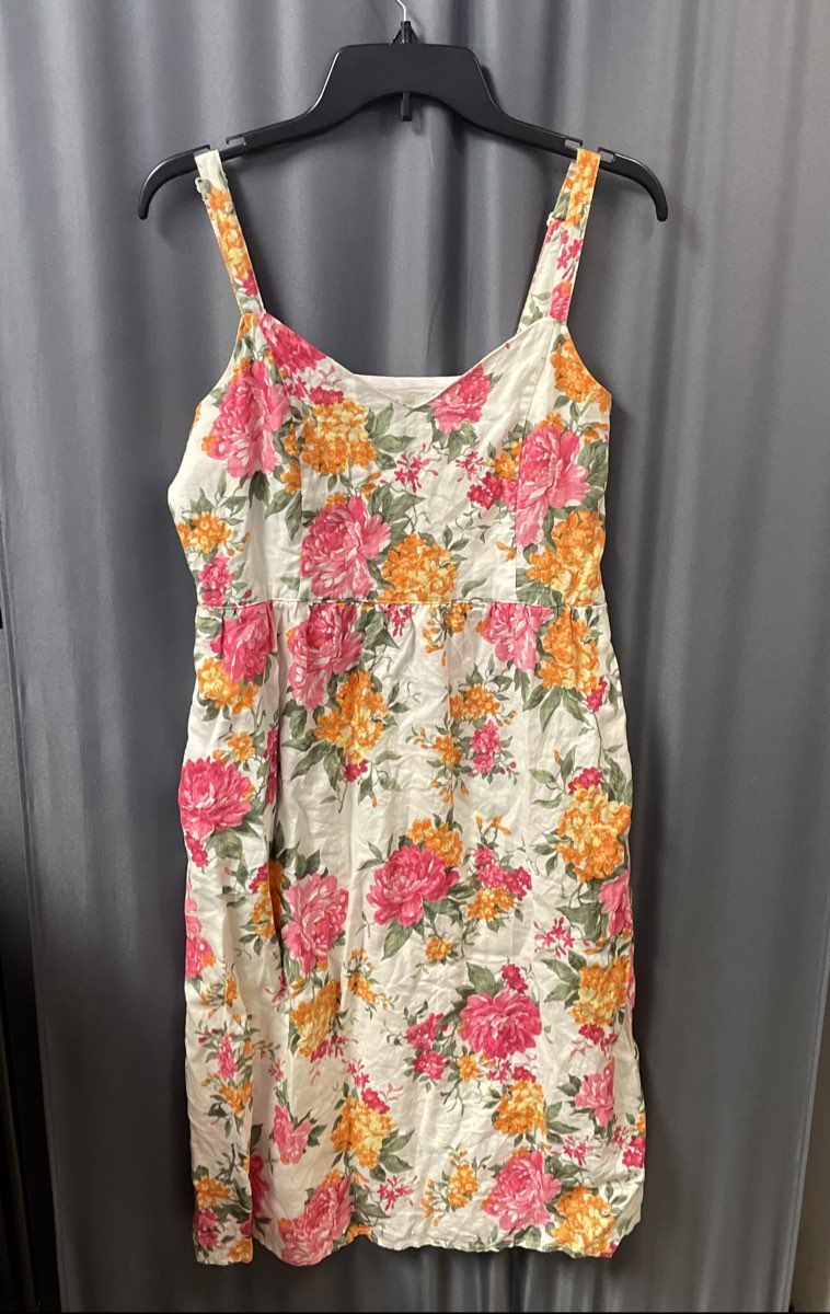 Cynthia Rowley Women's Floral Linen Dress Pockets Adjustable Straps Sz 8