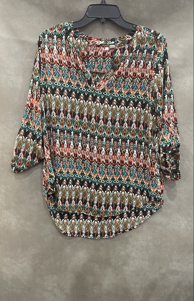 Cato Women's Abstract Pattern V-Neck Roll Tab 3/4 Sleeve Blouse Multicolor Sz S