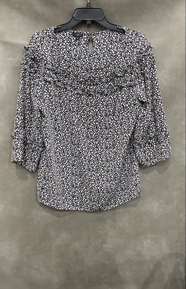 Talbots Petites Women's Black White Pink Floral Ruffle 3/4 Sleeve Blouse Sz LP