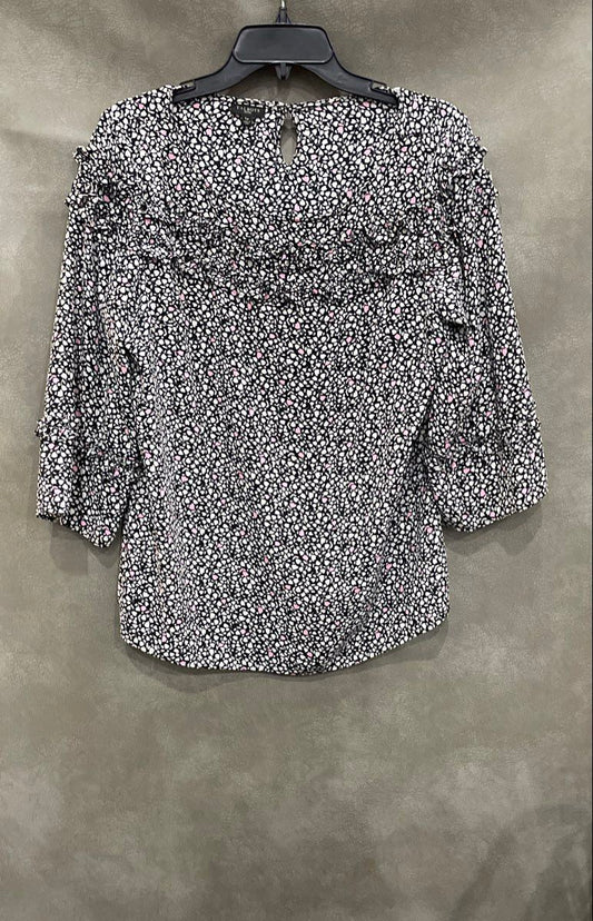 Talbots Petites Women's Black White Pink Floral Ruffle 3/4 Sleeve Blouse Sz LP