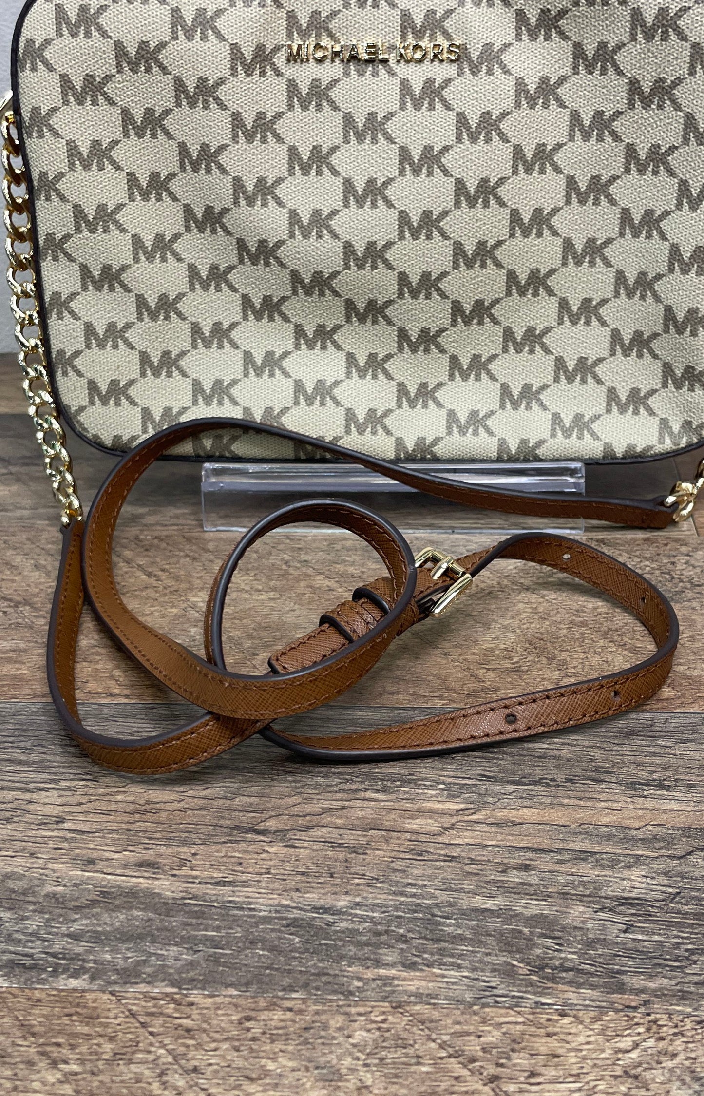 Michael Kors Brown Tan Signature MK Monogram Crossbody Camera Bag Gold Hardware