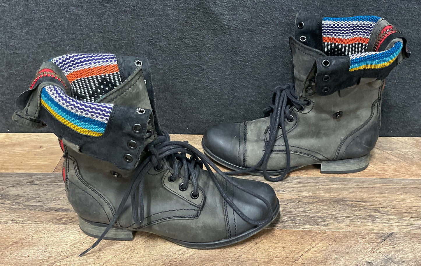 Steve Madden Camarro Black Distressed Fold Over Zip Back Combat Boots Size 6.5