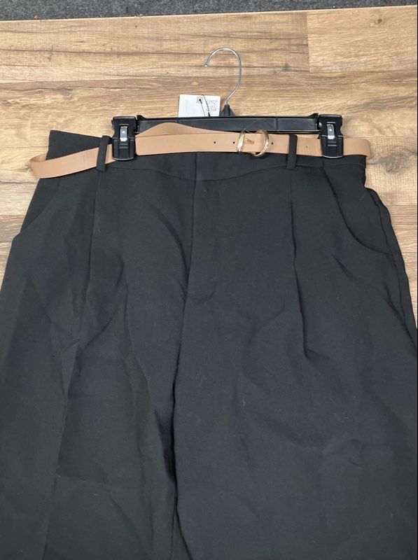 Zara Women's Black Pleated Straight Leg Trousers With Belt NWT Sz L