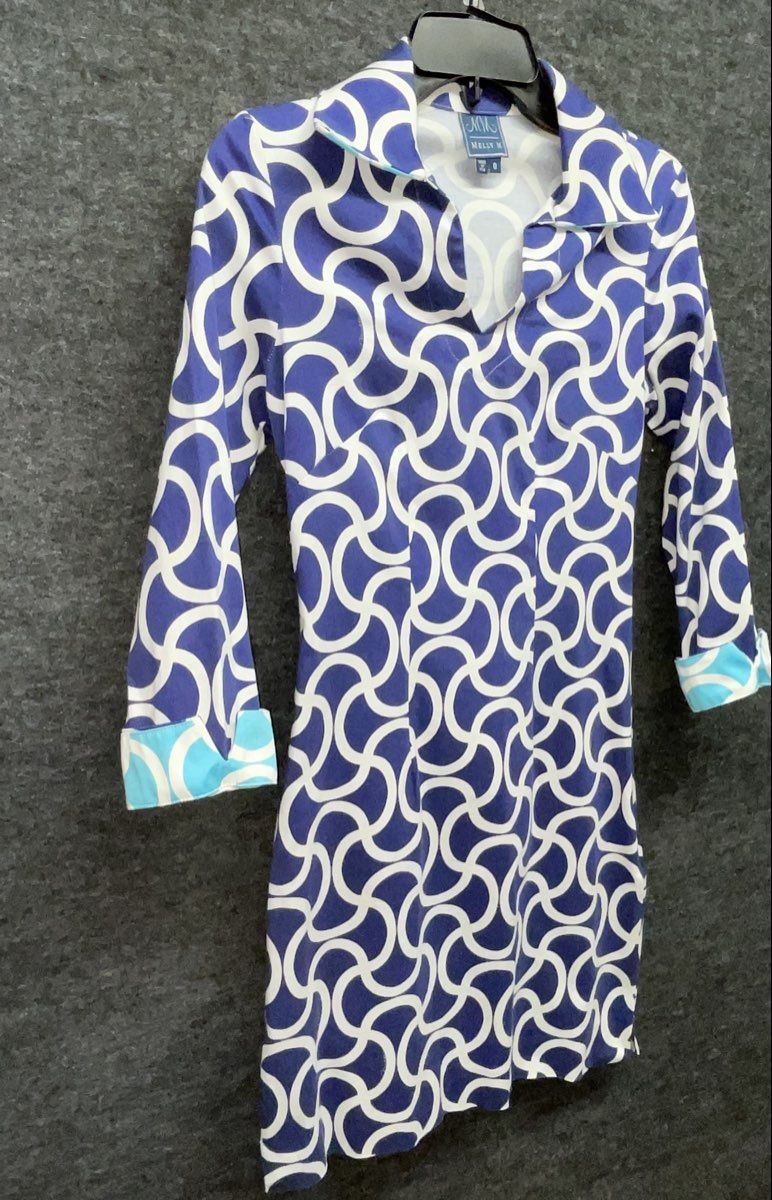 Melly M Women's Navy Blue White Geometric Link Shift Dress Sz 0 Made in USA