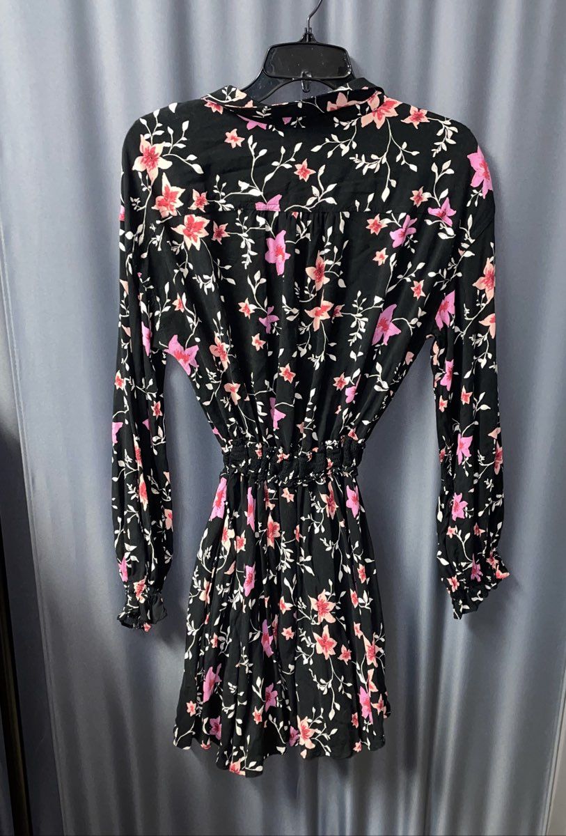Free People Women's Jasmine Black Pink Floral Smocked Waist Mini Dress Sz M