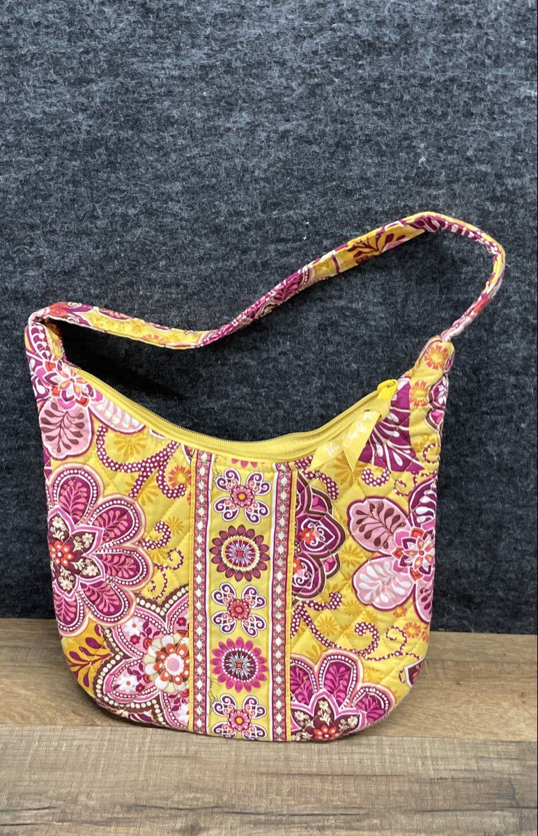 Vera Bradley Pink Yellow Floral Quilted Cotton Small Hobo Shoulder Bag