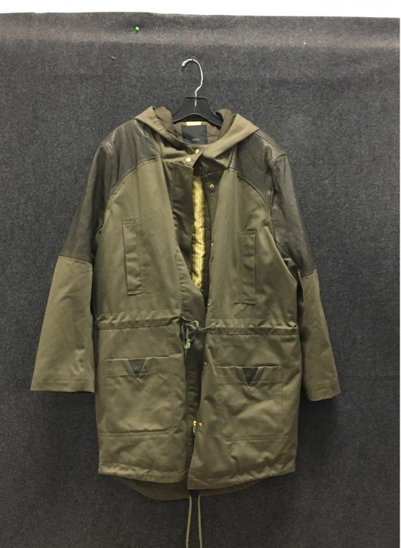 Veda Women's Olive Green Hooded Parka Jacket Sheep Leather Patches Size Medium