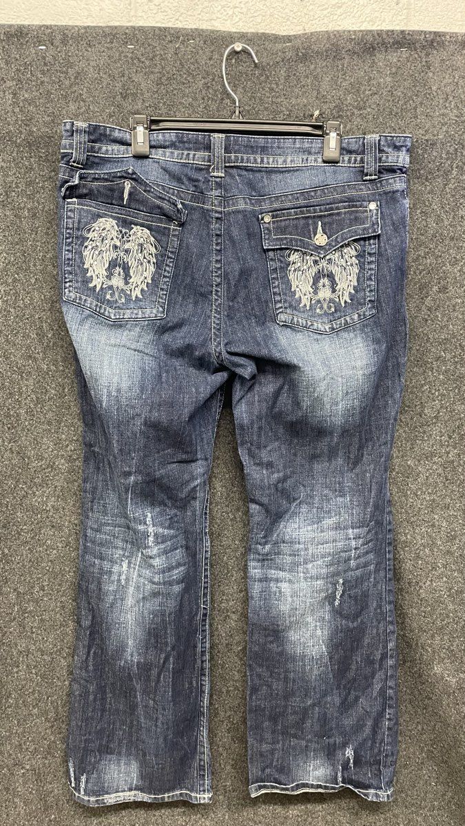 Harley Davidson Women's Jeans Blue Distressed Angel Wing Embroidered Sz 18
