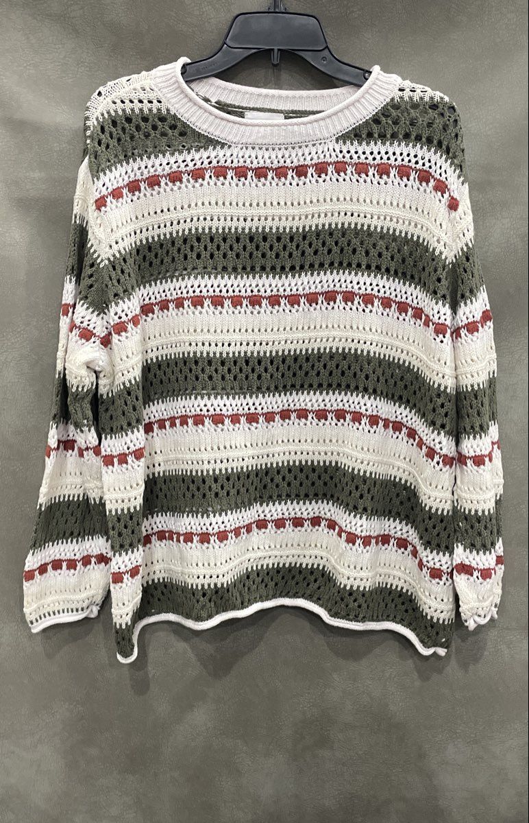 Joan Rivers Women's Open Knit Cotton Sweater Green White Striped Sz 1X