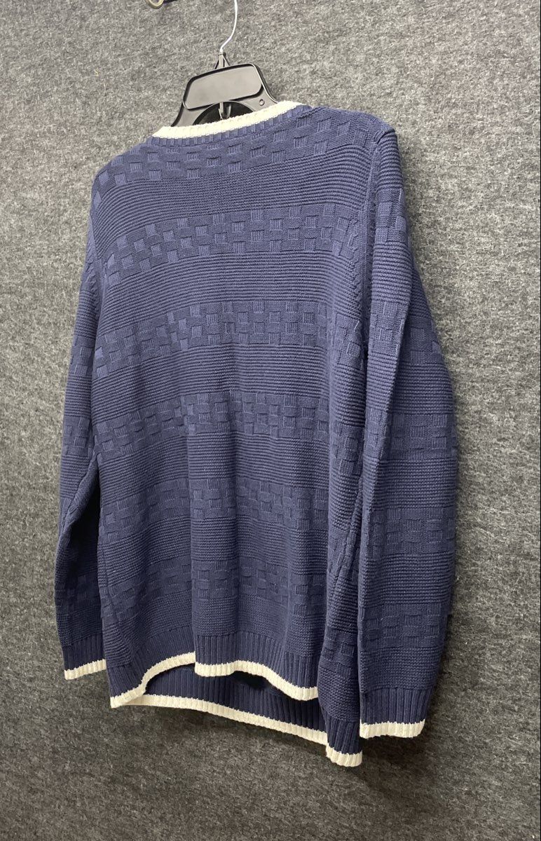 Liz Claiborne Women's V-Neck Sweater Navy Blue Textured Knit White Trim Sz 1X