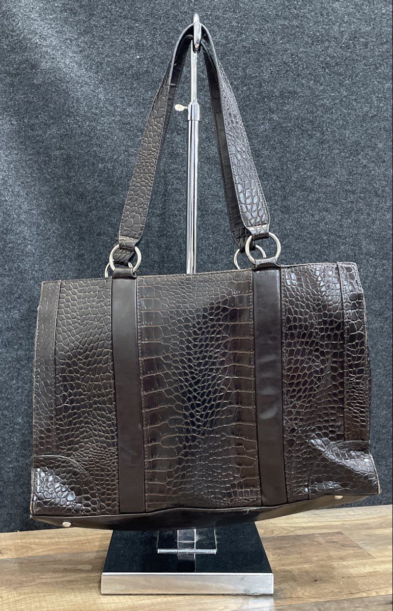 Coldwater Creek Brown Croc Embossed Leather Tote Bag Silver Hardware