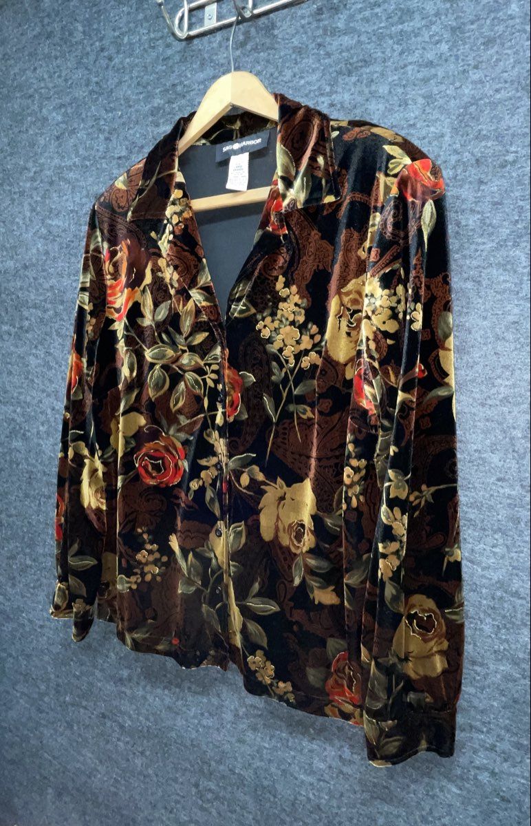 Vintage 90s Jones & Co Women's Floral Velvet Button Up Blouse Gold Sz L