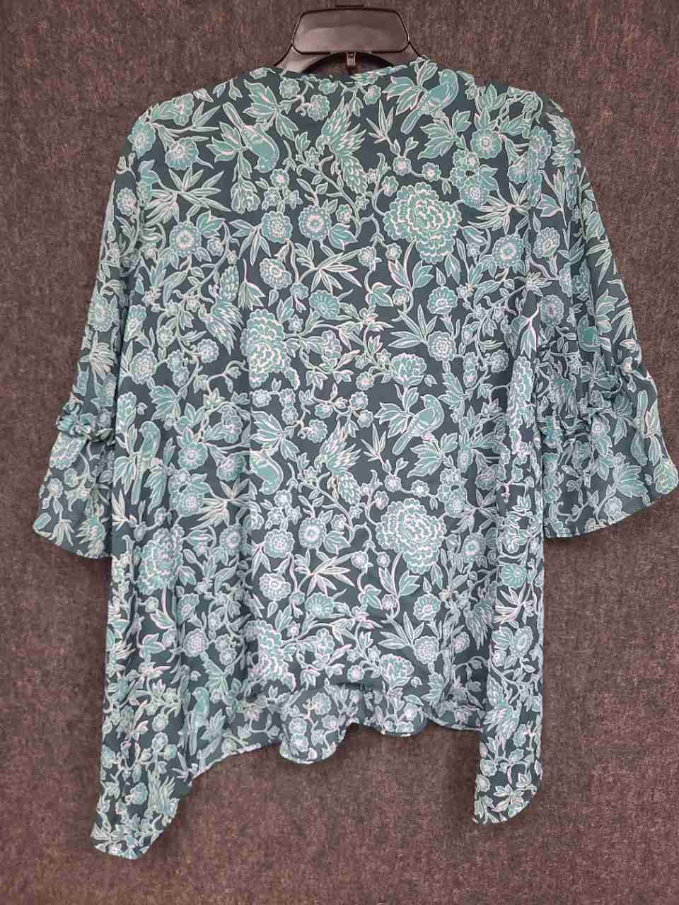 LC Lauren Conrad Women's Teal Green Floral Bird Print Ruffle Sleeve Blouse Sz L