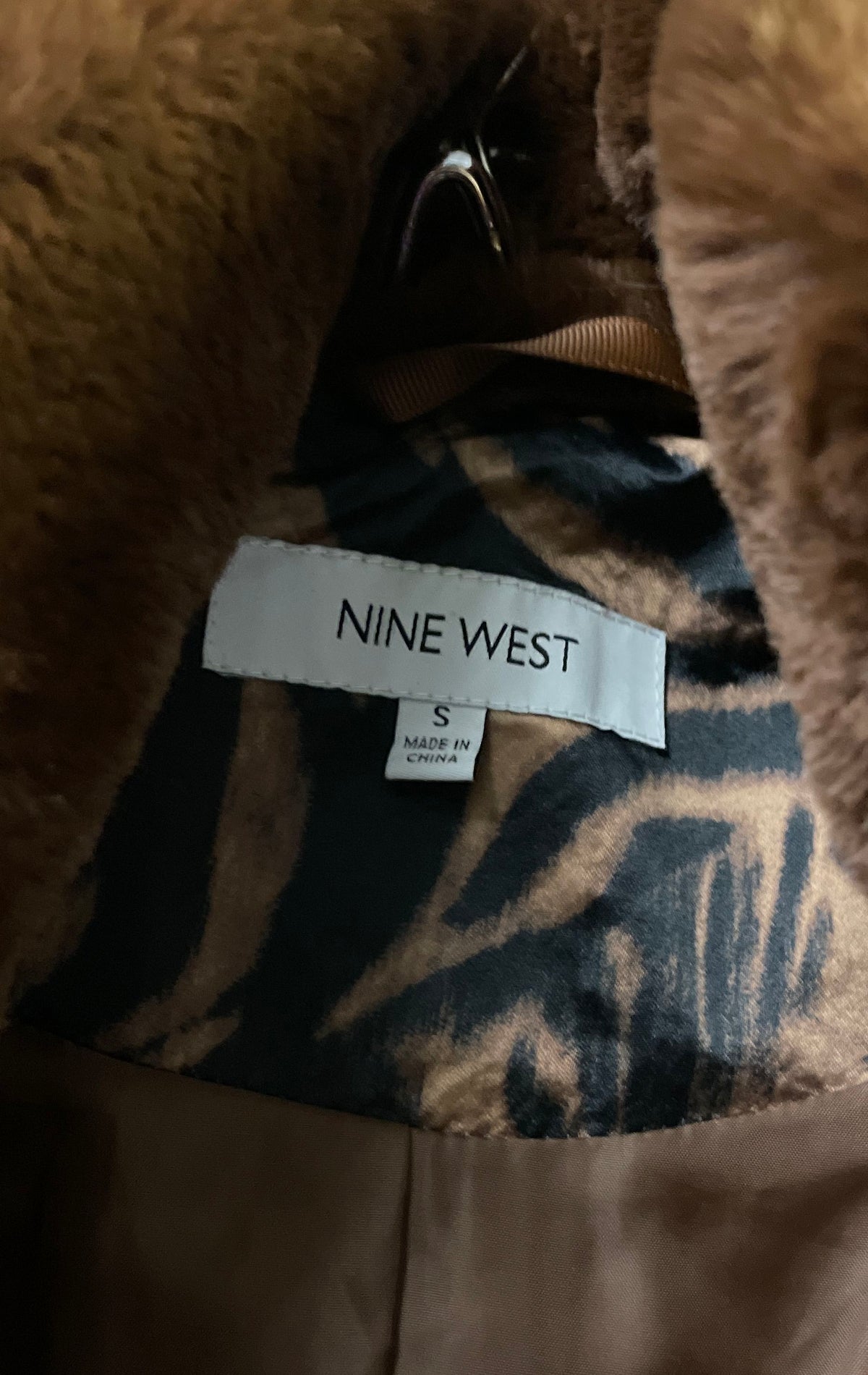 Nine West Women's Brown Faux Fur Hood Full Zip Coat Leopard Print Lined Sz S