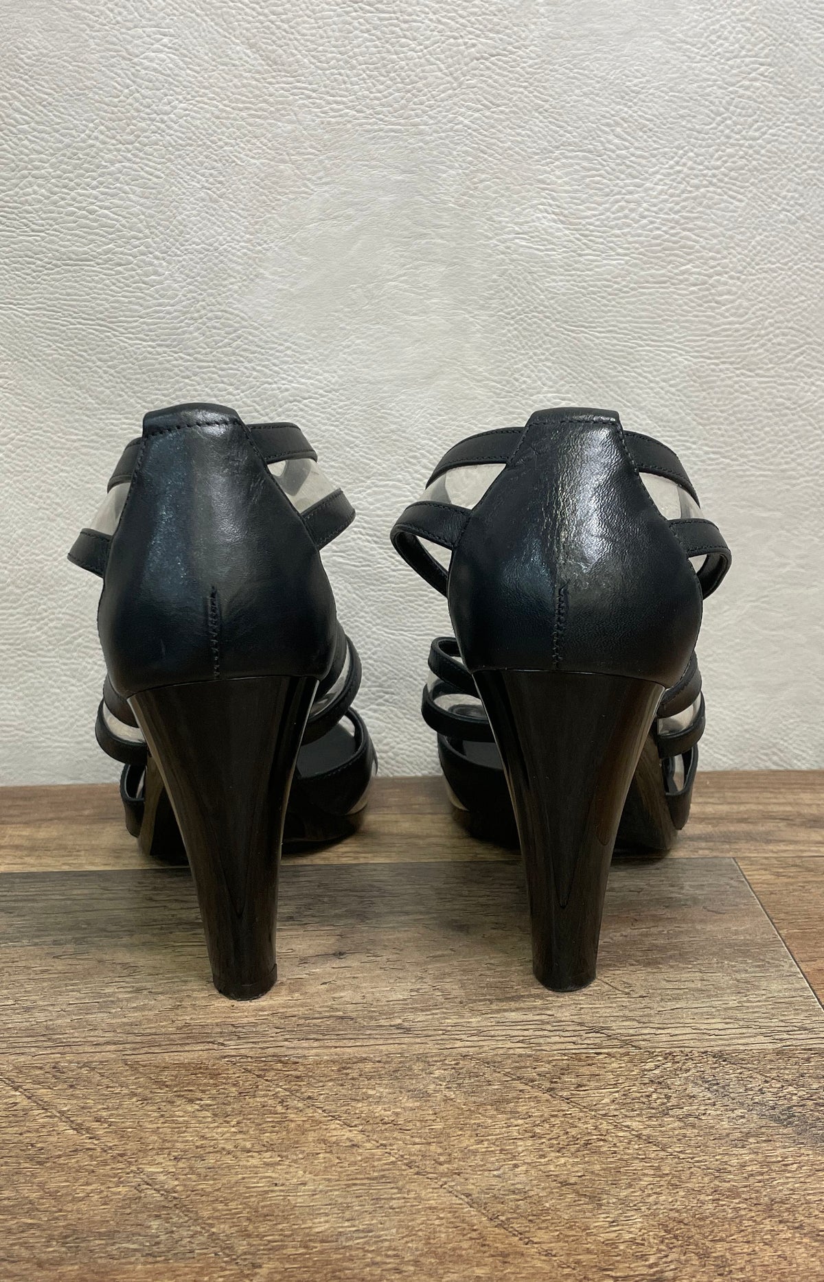 Michael Kors Black Leather PVC Strappy Front Zip Heeled Sandals Size 8.5
