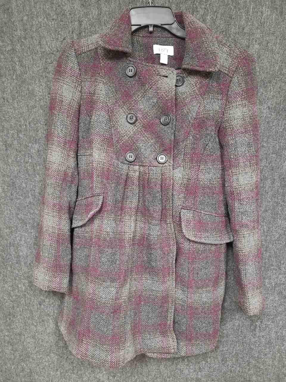 Ann Taylor LOFT Women's Purple Gray Plaid Wool Blend Pea Coat Sz 2