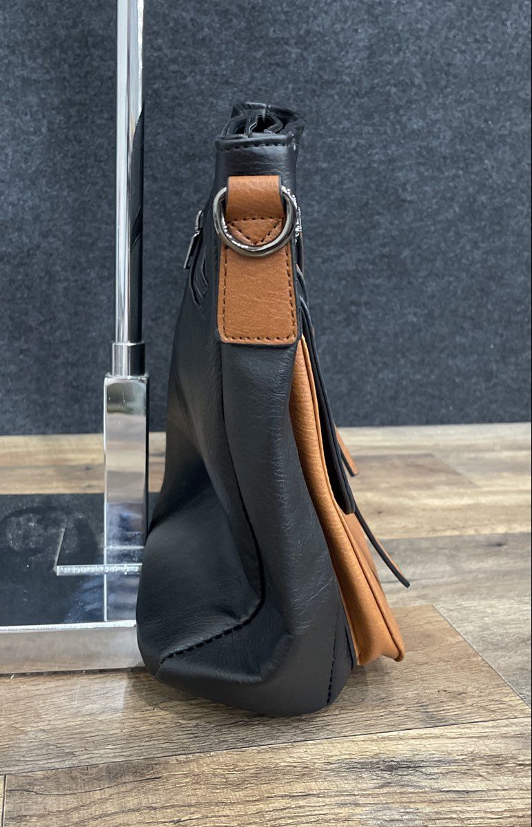 Rainsmore Black Brown Leather Multi-Pocket Shoulder Bag Silver Tone Hardware