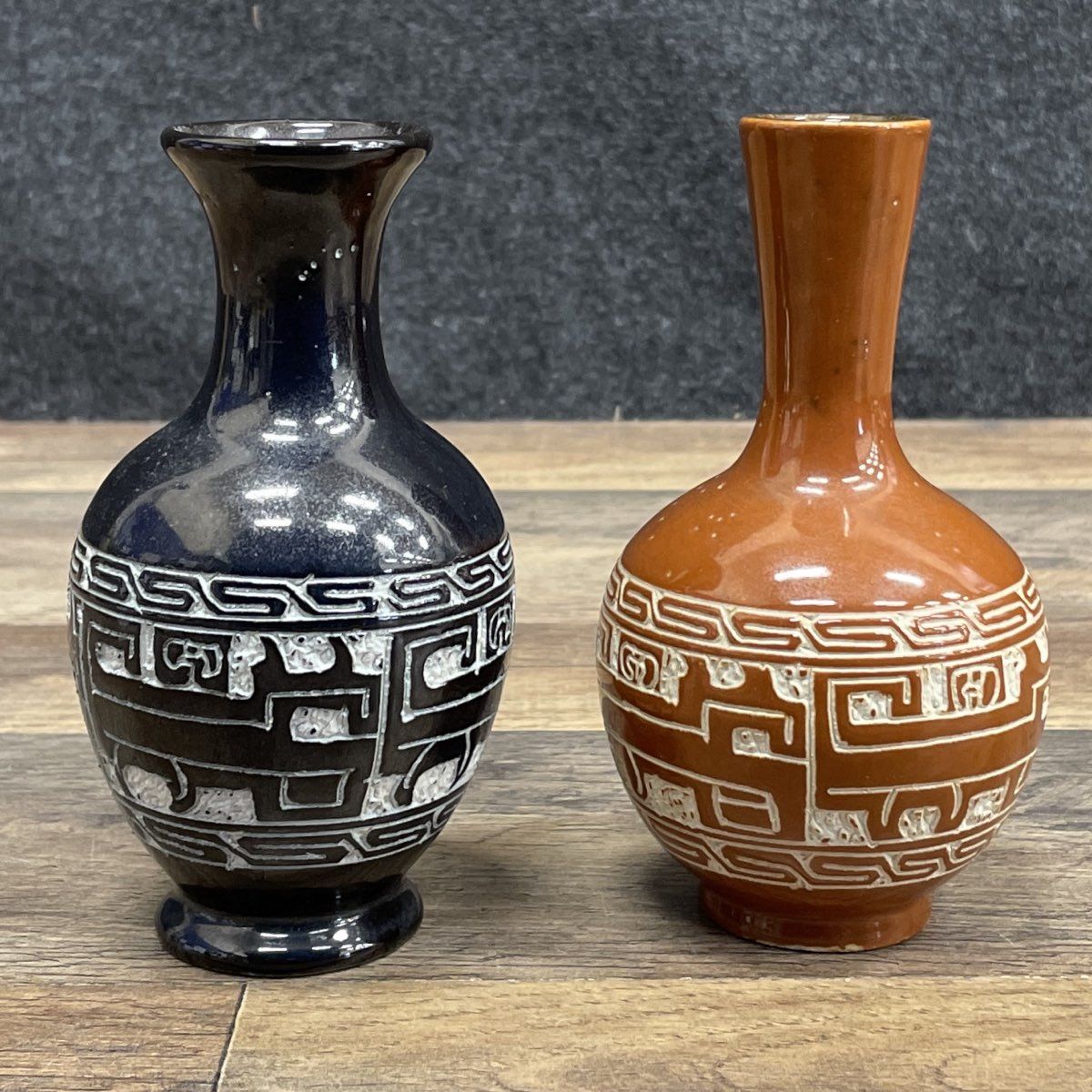 Vintage Pair Hand Carved Sgraffito Pottery Vases Aztec Style Black Brown Set