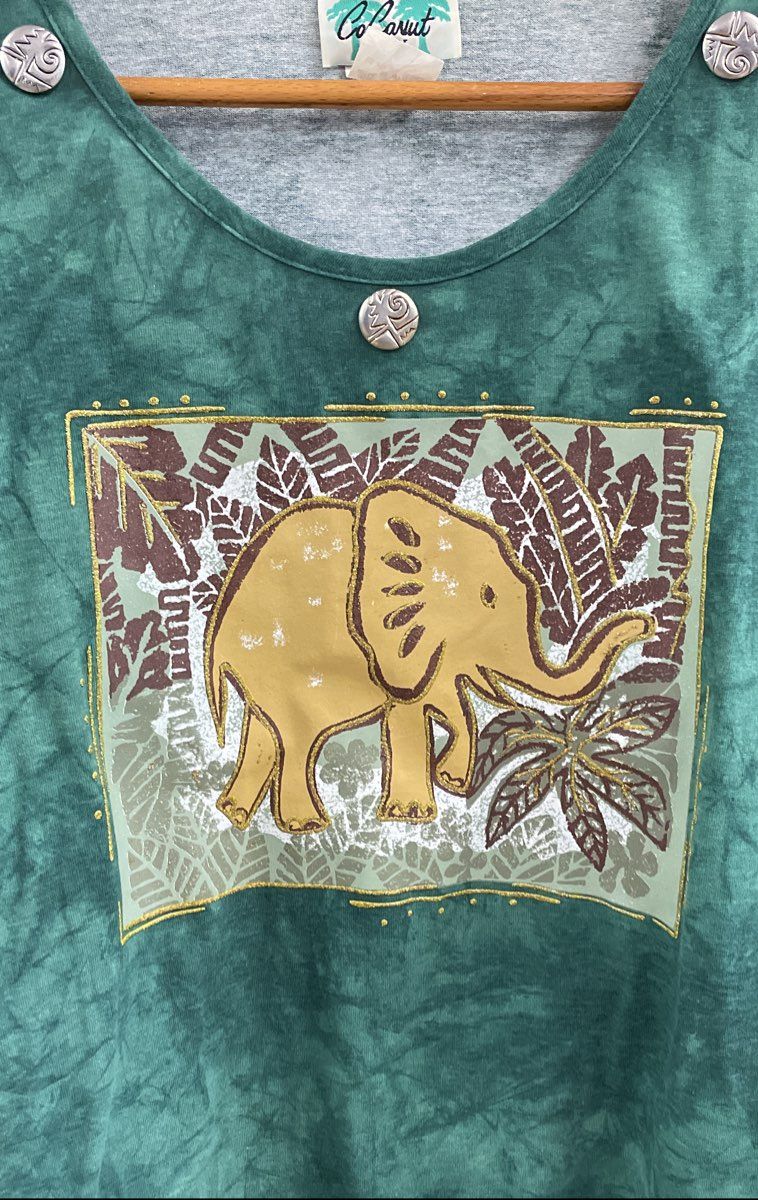 Vintage 90s Coconut Bay Women's Green Elephant Graphic Glitter Shirt Sz 3X