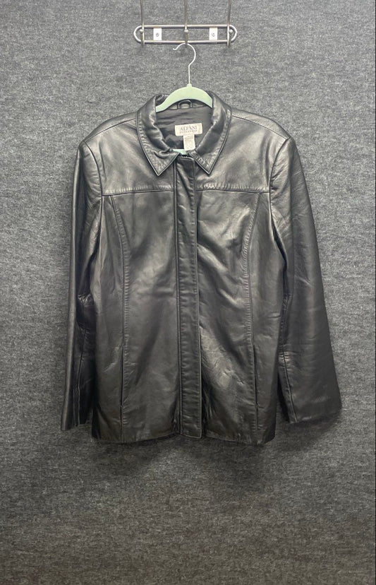 Alfani Women's Black Genuine Leather Zip Front Point Collar Jacket Sz XL
