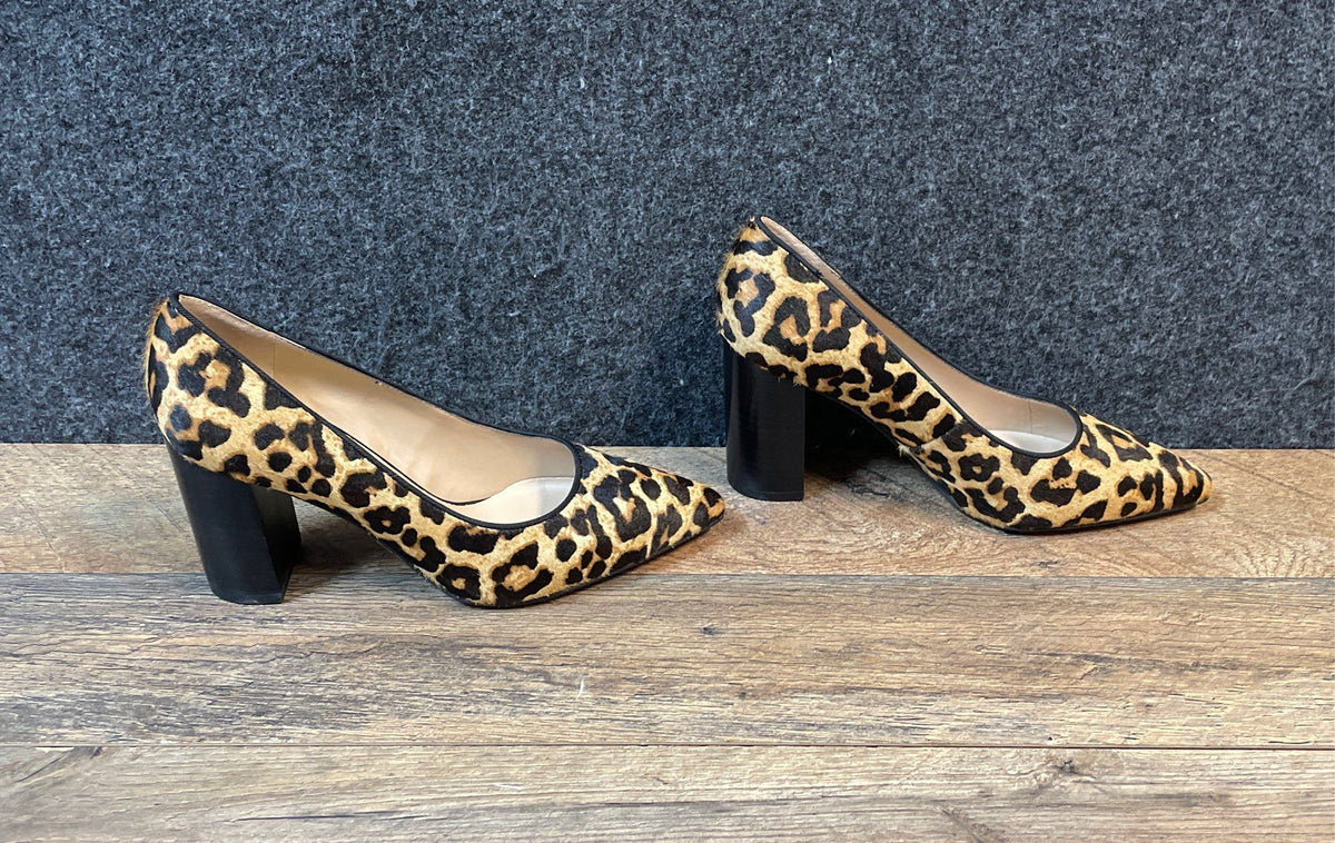 Franco Sarto Palma Leopard Calf Hair Pointed Toe Block Heel Pumps Size 6W