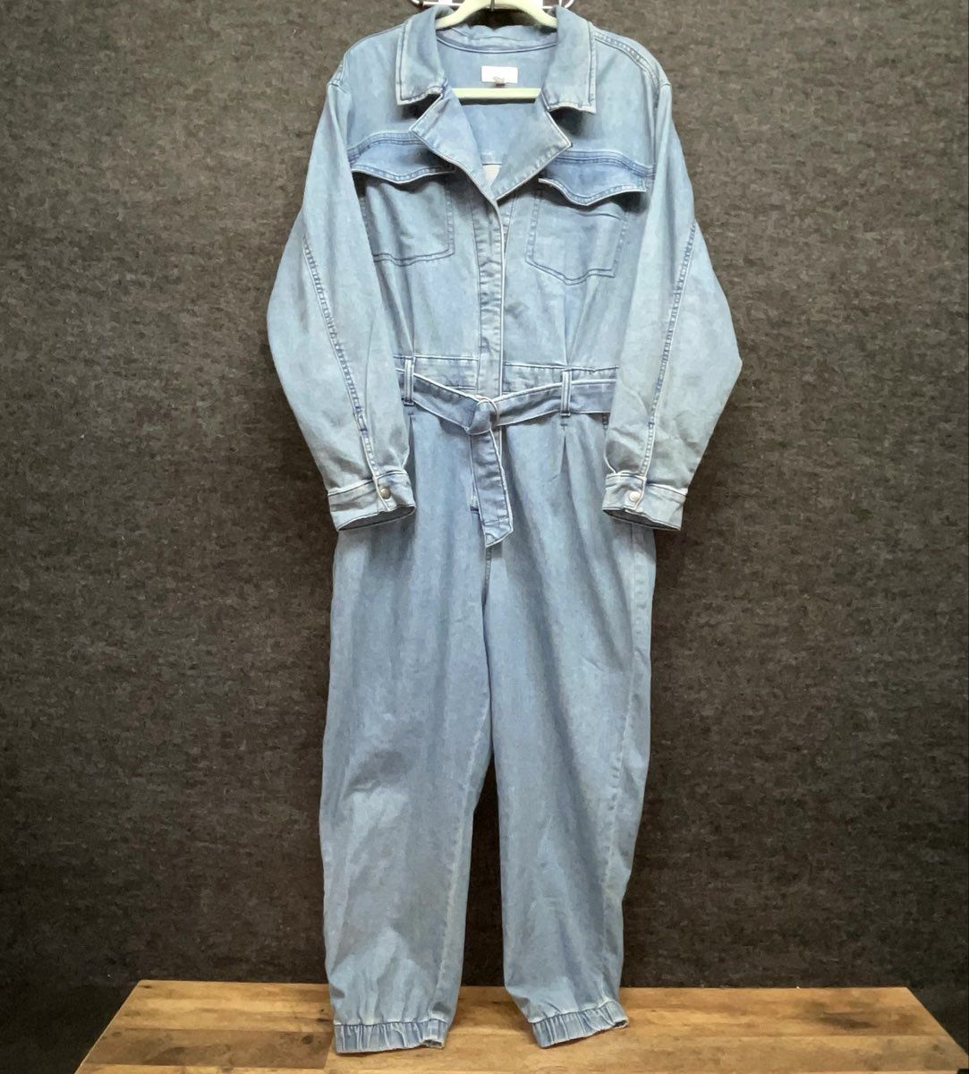 Sofia Jeans by Sofia Vergara Women's Light Wash Blue Denim Jumpsuit Tie Waist L