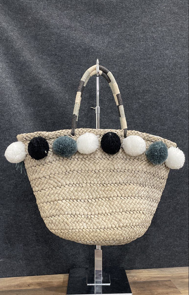 Clements Ribeiro Pop Woven Straw Tote Bag Pom Pom Accents Beige Multi