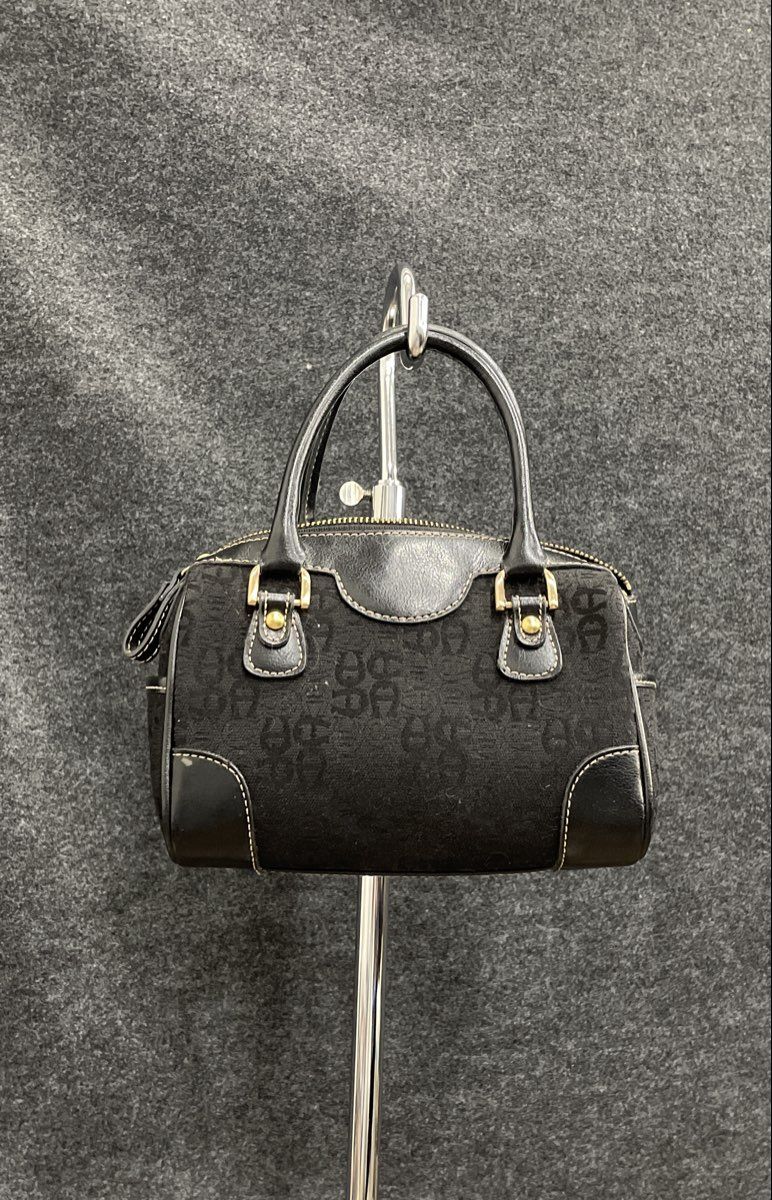 Vintage Etienne Aigner Black Monogram Canvas Leather Mini Top Handle Bag