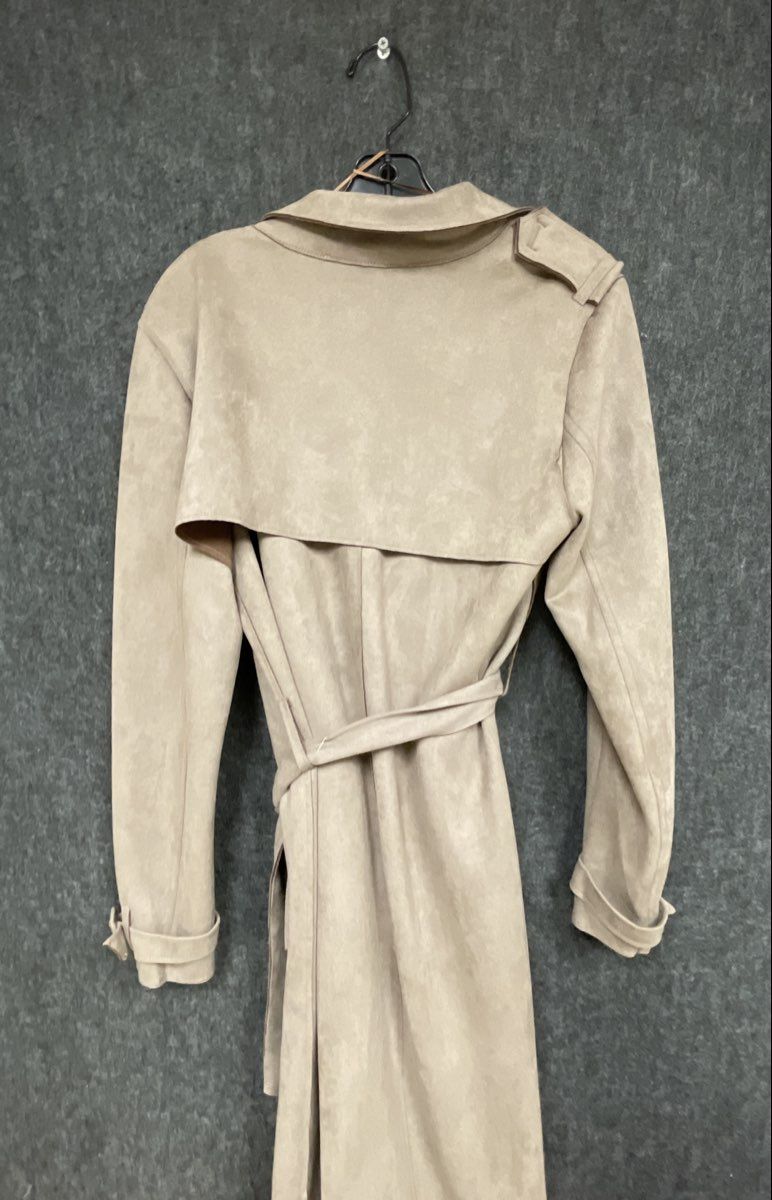 Magaschoni Women's Taupe Faux Suede Belted Wrap Trench Coat Sz M