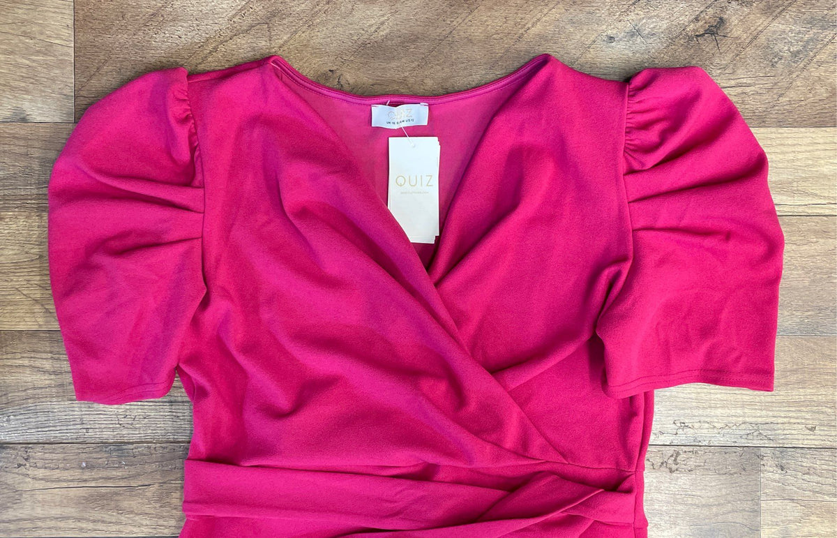 Quiz Women's Pink Scuba Crepe Puff Sleeve Wrap Front Maxi Dress Sz 12 NWT