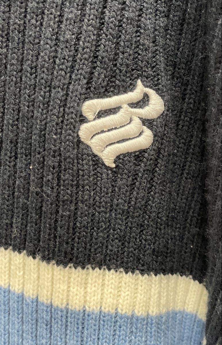 Vintage Y2K Rocawear Men's Navy Blue Striped Ribbed Knit Sweater Sz 3XL