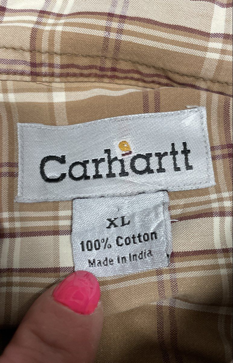 Carhartt Men's Tan Plaid Cotton Short Sleeve Button Up Shirt Model S185BUC Sz XL