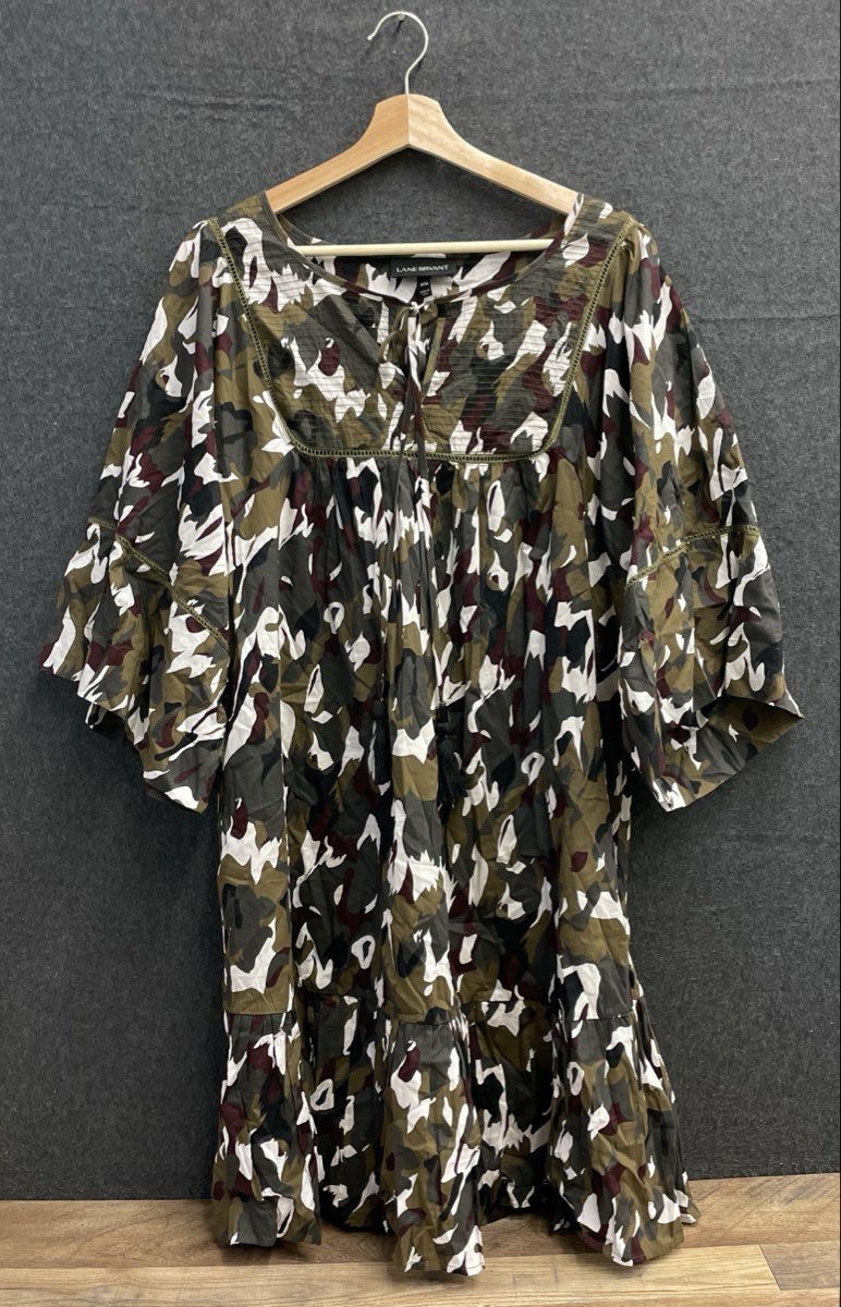 Lane Bryant Women's Camo Print Cotton Boho Peasant Dress Crochet Tassels 14/16