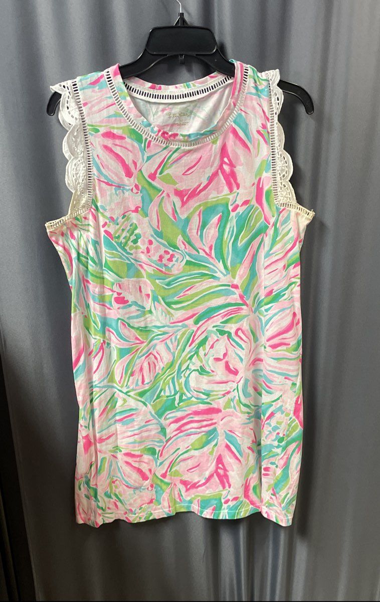 Lilly Pulitzer Women's Corinne Tank Top Pink Green Floral Eyelet Lace Scallop M
