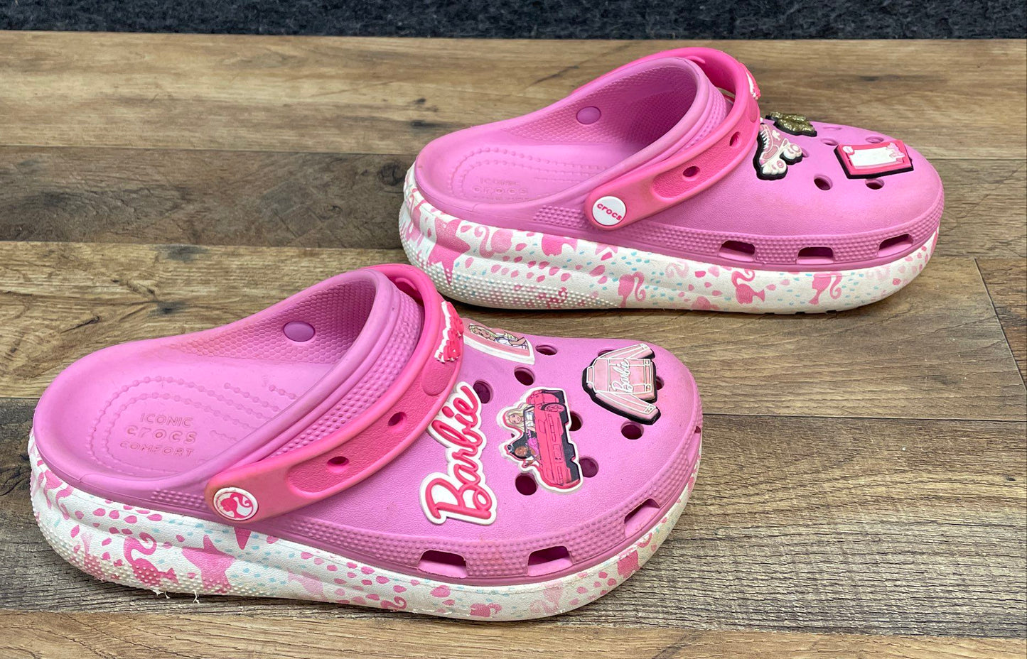 Crocs Barbie Classic Clog Pink White Patterned Sole with Charms Youth Size J4