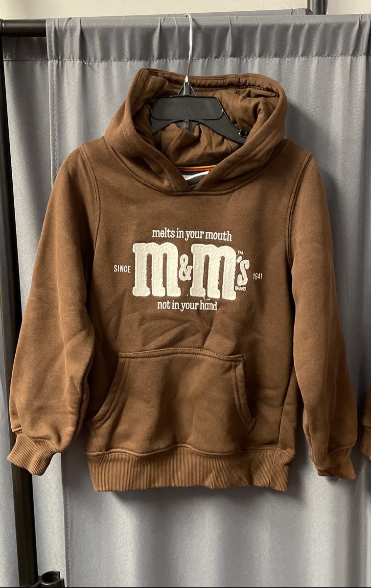 M&M's Brown Fleece Pullover Hoodie & Romper Lot Unisex Baby Toddler Sz 4 & 12M