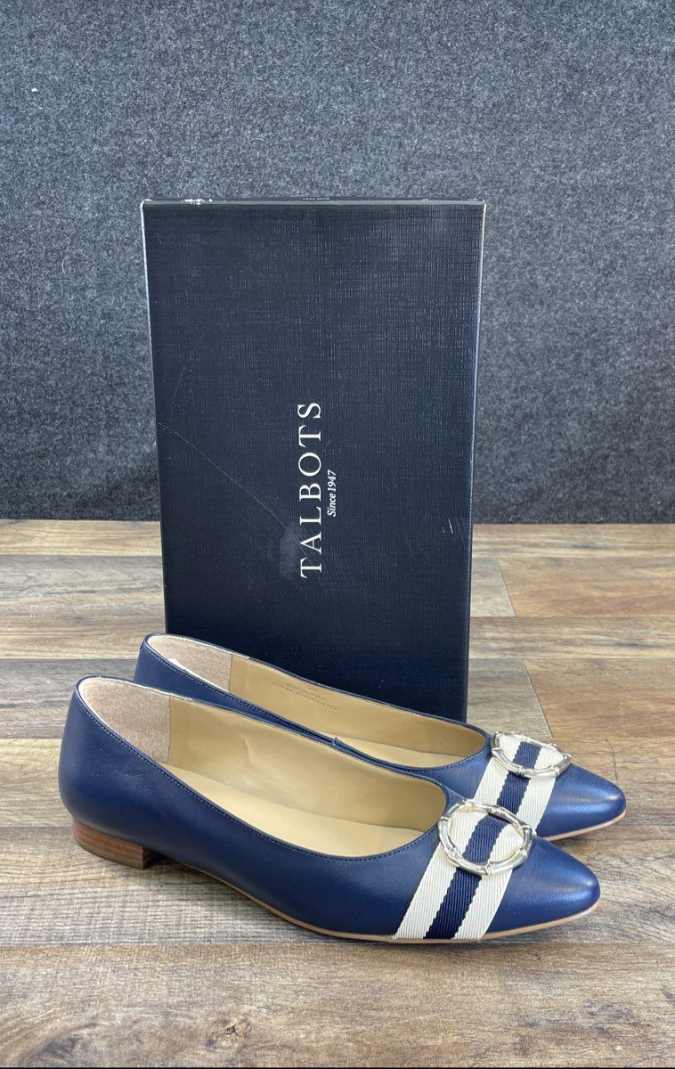 Talbots Edison Bamboo Ring Indigo Blue Striped Pointed Toe Flats Size 8M