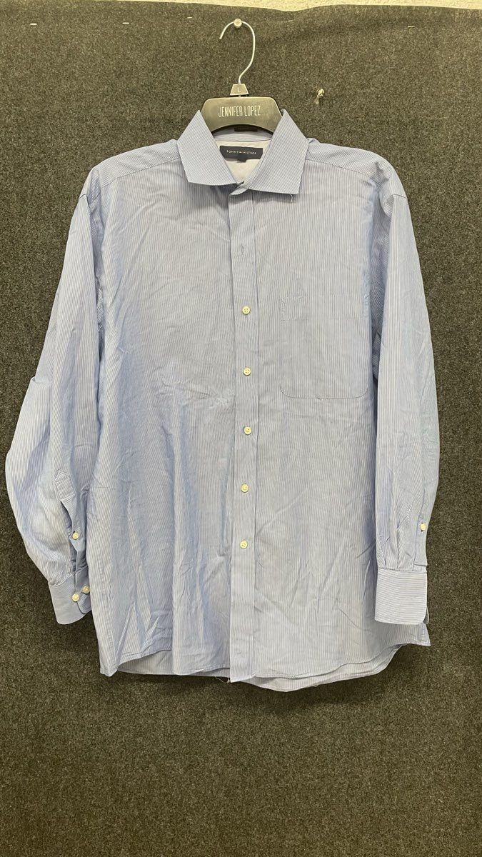 Tommy Hilfiger Men's Blue White Stripe Button Up Dress Shirt Sz 15.5 32-33