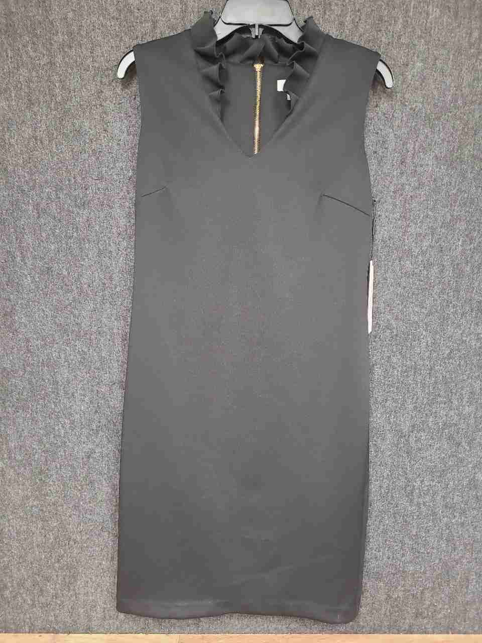 Calvin Klein Women's Black Sleeveless Ruffle Neck Sheath Dress Sz 10 NWT