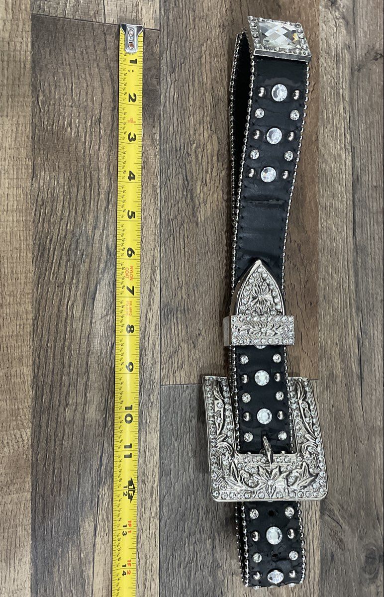 Women's Black Silver Rhinestone Crystal Studded Bling Belt Western Sz XS/S 28"