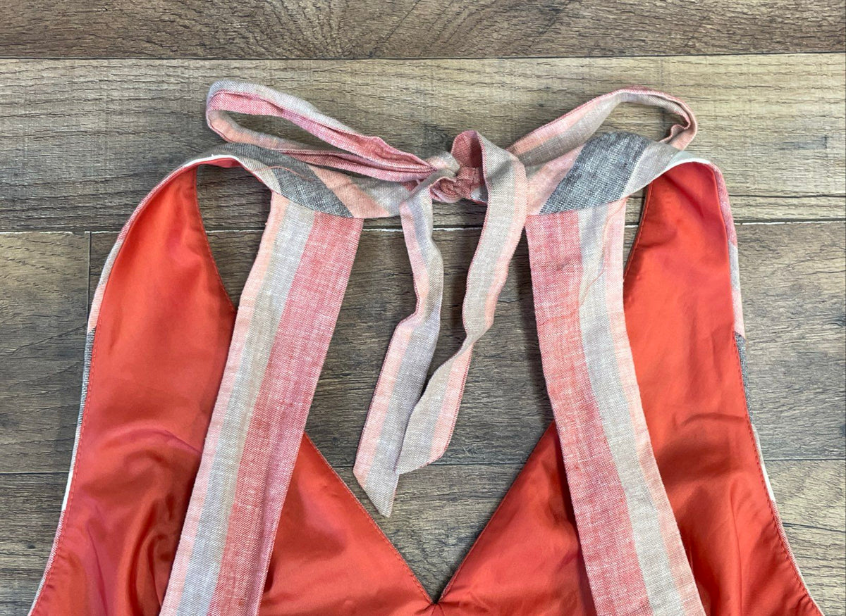 Donna Ricco NY Women's Halter Dress Pink Striped Linen Blend V-Neck Tie Back 4