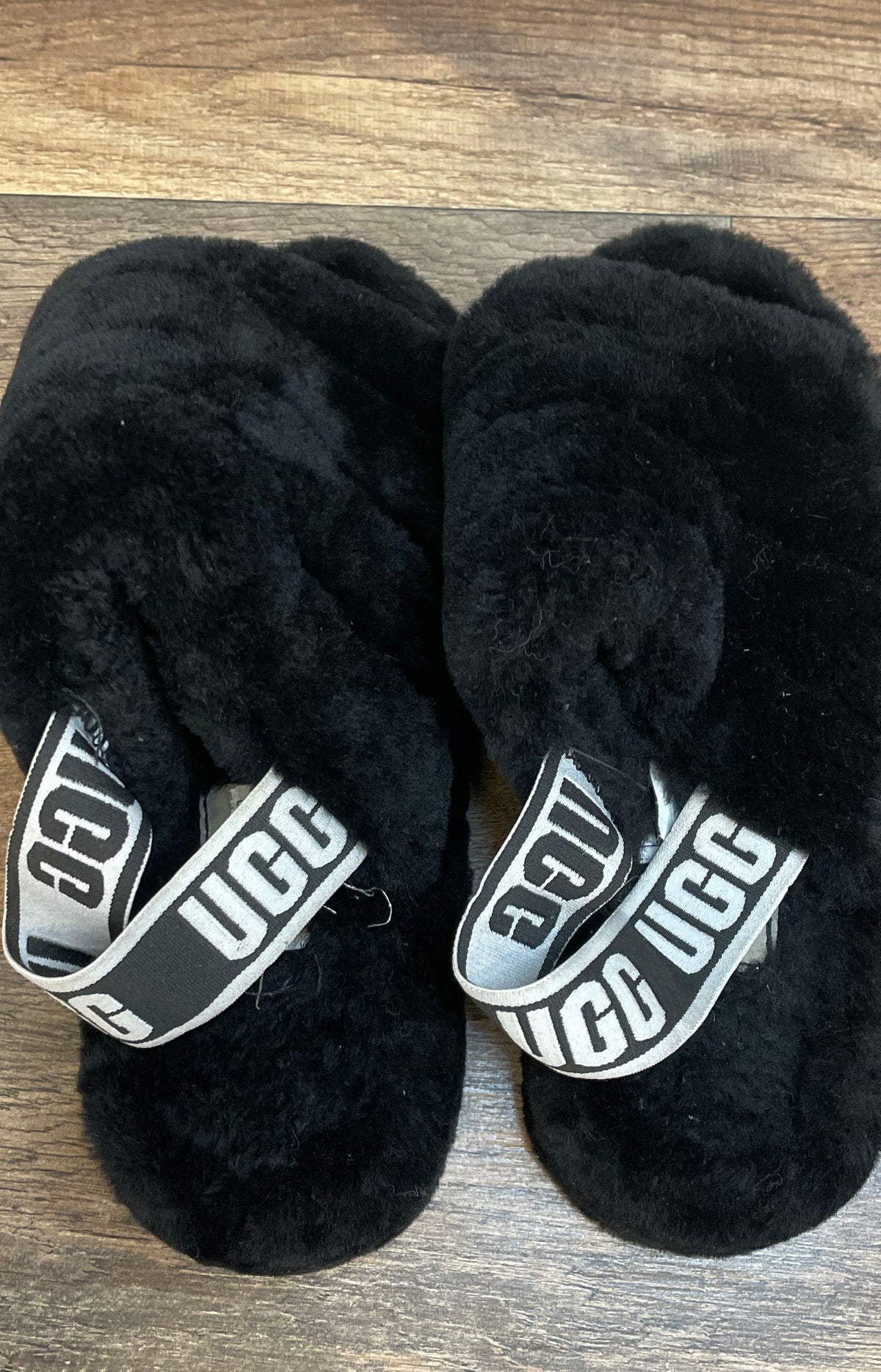 UGG Fluff Yeah Slide Black Sheepskin Slingback Sandals Women's Size 8
