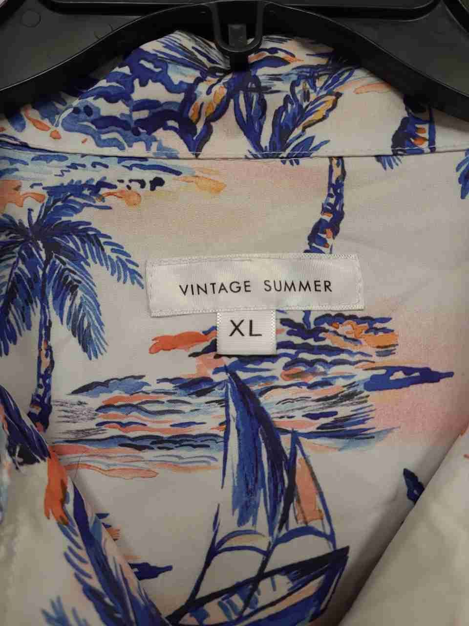 Vintage Summer Tropical Palm Tree Sailboat Print Button Up Shirt Sz XL